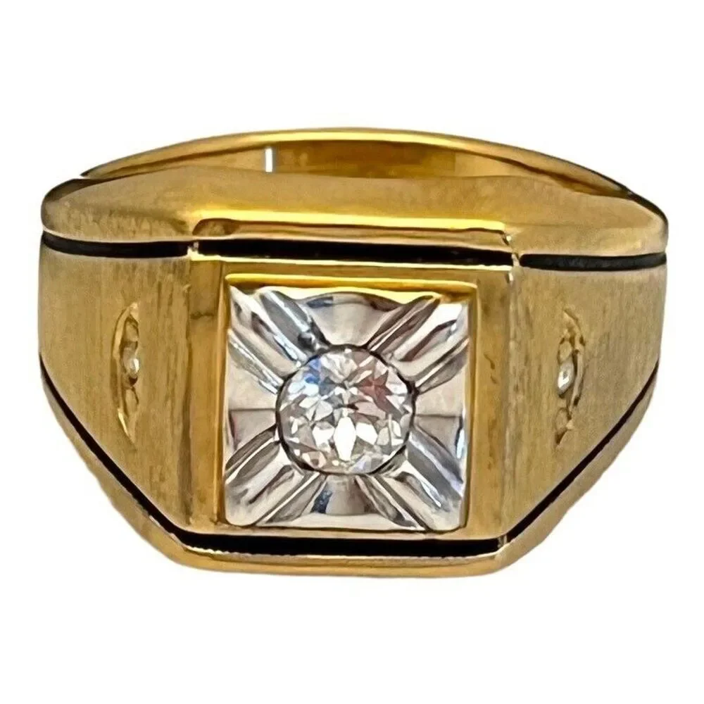 Vintage 1970s Ring Size 10 Uncas CZ Square Bezel Textured Gold Plated - 14O